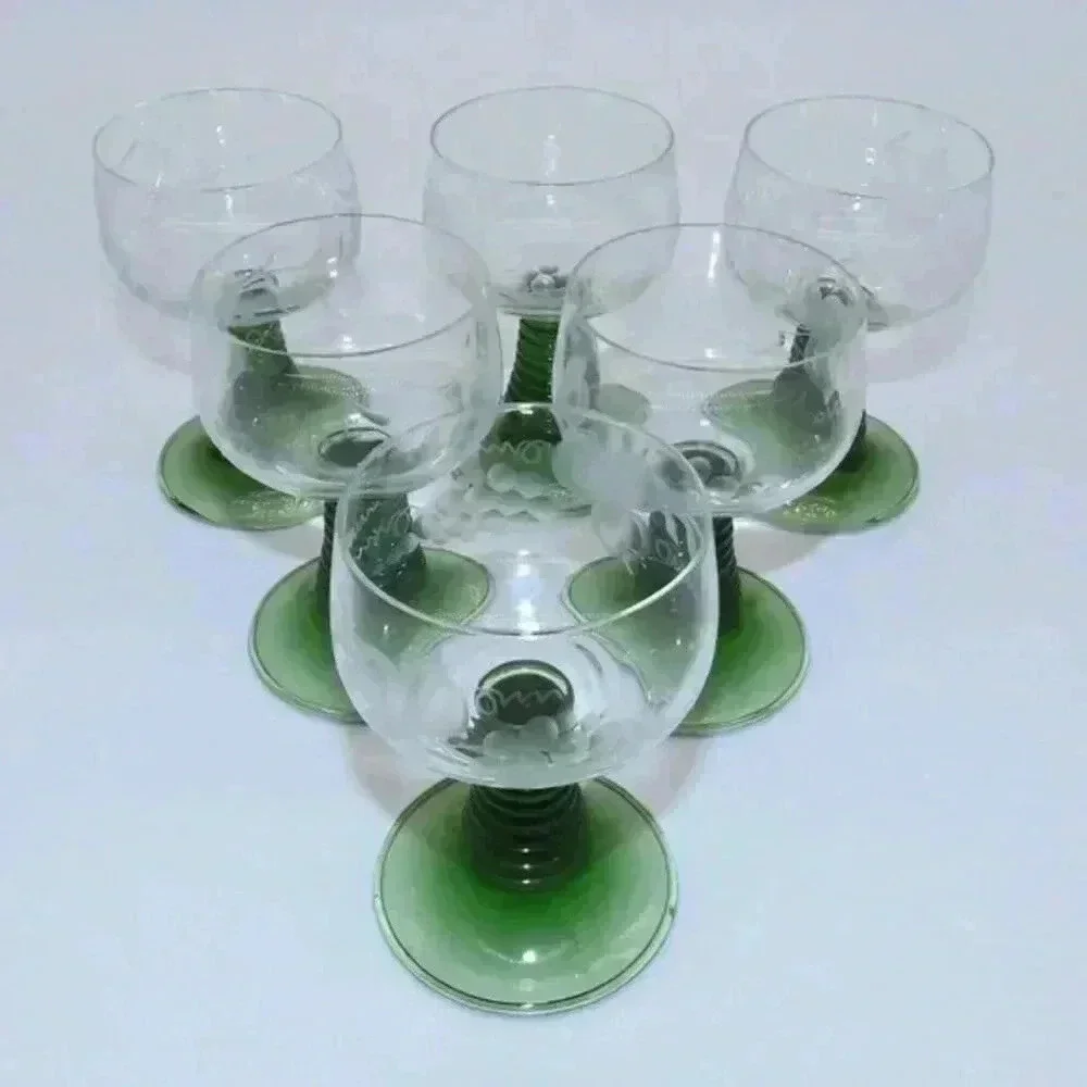Vintage Green Beehive Stem 4 oz Wine Glass Grapevine Pattern Set of 6